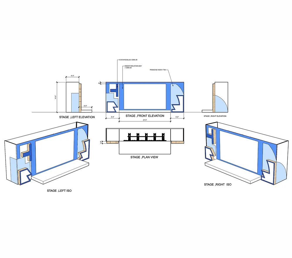 Stage design elevations and perspective views showing a large central display framed by architectural elements that blend two distinct environments: the clean, geometric aesthetic of a Google Home-inspired tech hub and the familiar form of a bedroom vanity. The integrated design creates a cohesive visual language that bridges technology and personal space, reinforcing the connection between smart-home functionality and everyday routines.