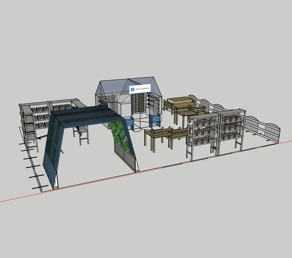 3D concept rendering of a Facebook Groups activation featuring a central greenhouse, planting stations, communal worktables, and interactive displays.