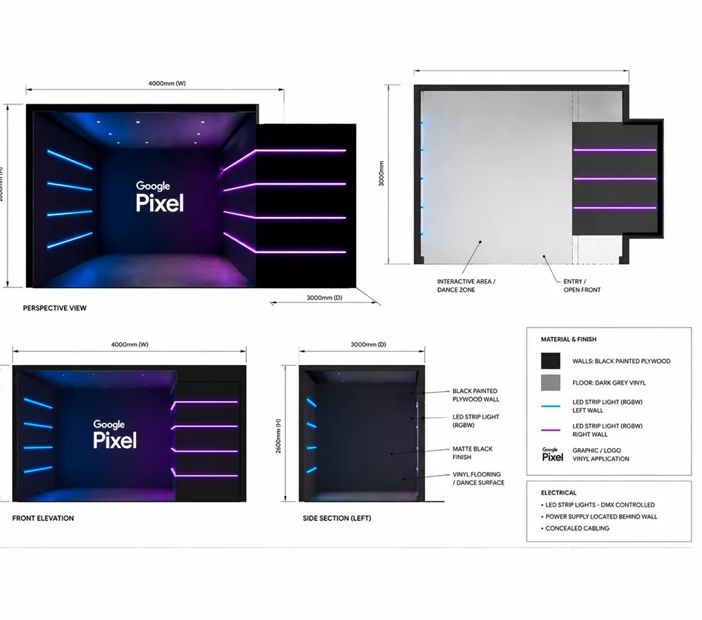 Technical design board for a Google Pixel interactive AR activation. The installation is a tunnel-like experience measuring 4 meters wide by 3 meters deep, with matte black walls and floor creating a dark, immersive environment.