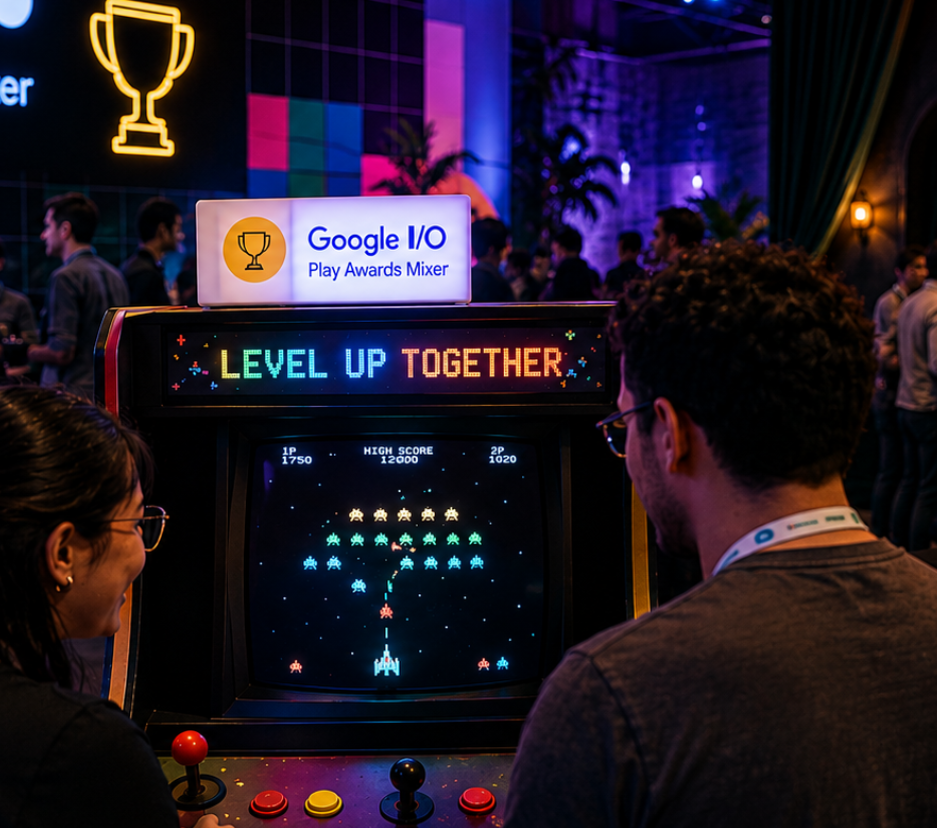 People playing a video game at the Google I/O Mixer.