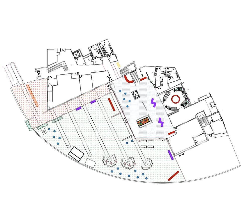 Annotated floor plan of an event environment designed to balance high-energy activations with clear wayfinding. Distinct zones for discovery, networking, and celebration are connected by fluid circulation paths, maintaining spatial clarity and intuitive navigation within a dense, fast-paced setting.