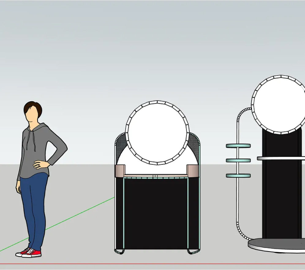 Concept sketches of two experiential vignettes that blend the visual language of a Google Home-inspired tech hub with the familiar form of a bedroom vanity. The designs use shared shapes, materials, and architectural details to create a cohesive transition between connected technology and everyday personal routines, reinforcing the integration of smart-home experiences into daily life.