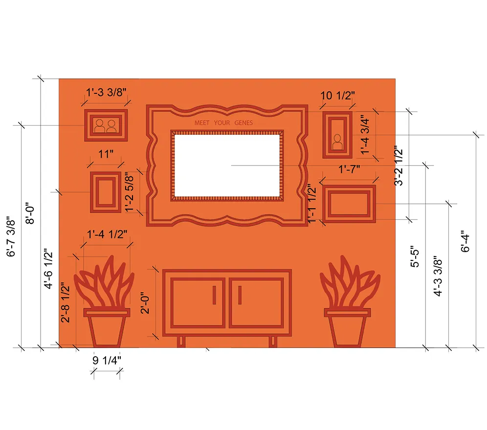Elevation drawing of an immersive branded vignette styled as a living-room gallery wall. A central interactive display is framed by decorative picture frames, furniture, and plants, creating a visually striking environment that communicates a single concept through layered storytelling, recognizable domestic cues, and shareable design moments.