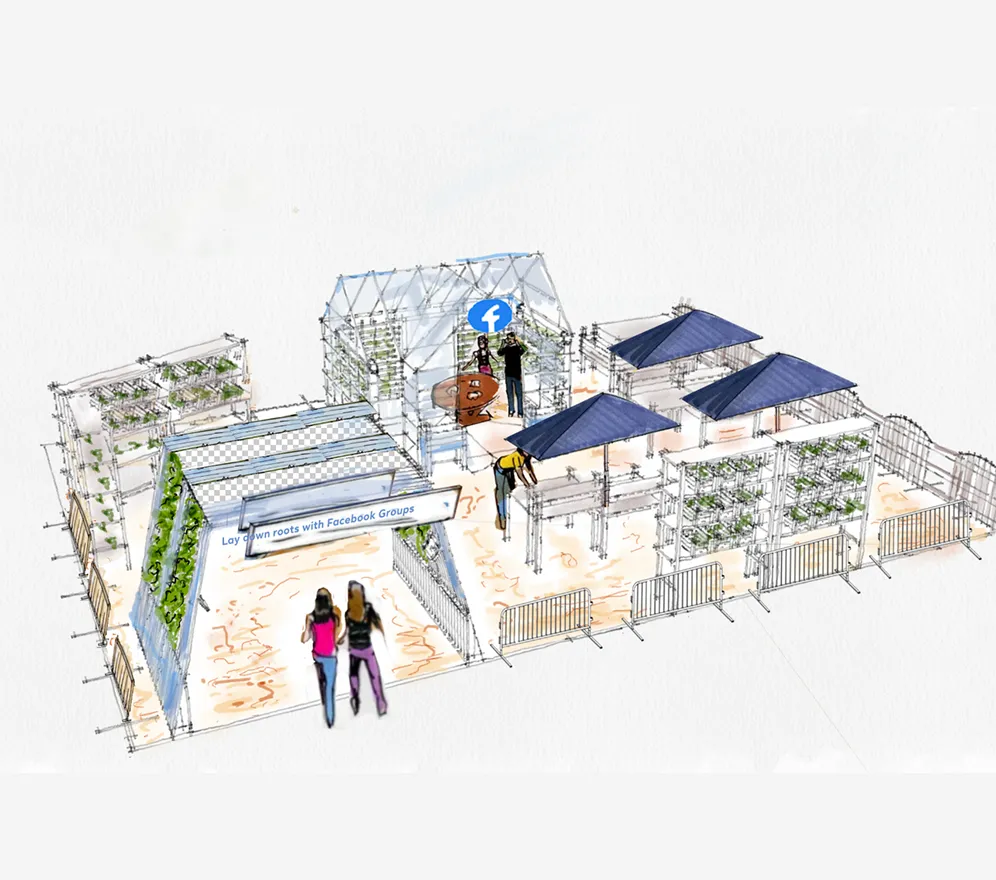 Concept sketch of a Facebook Groups activation featuring greenhouse structures, planting stations, and interactive community spaces arranged within a busy urban environment.