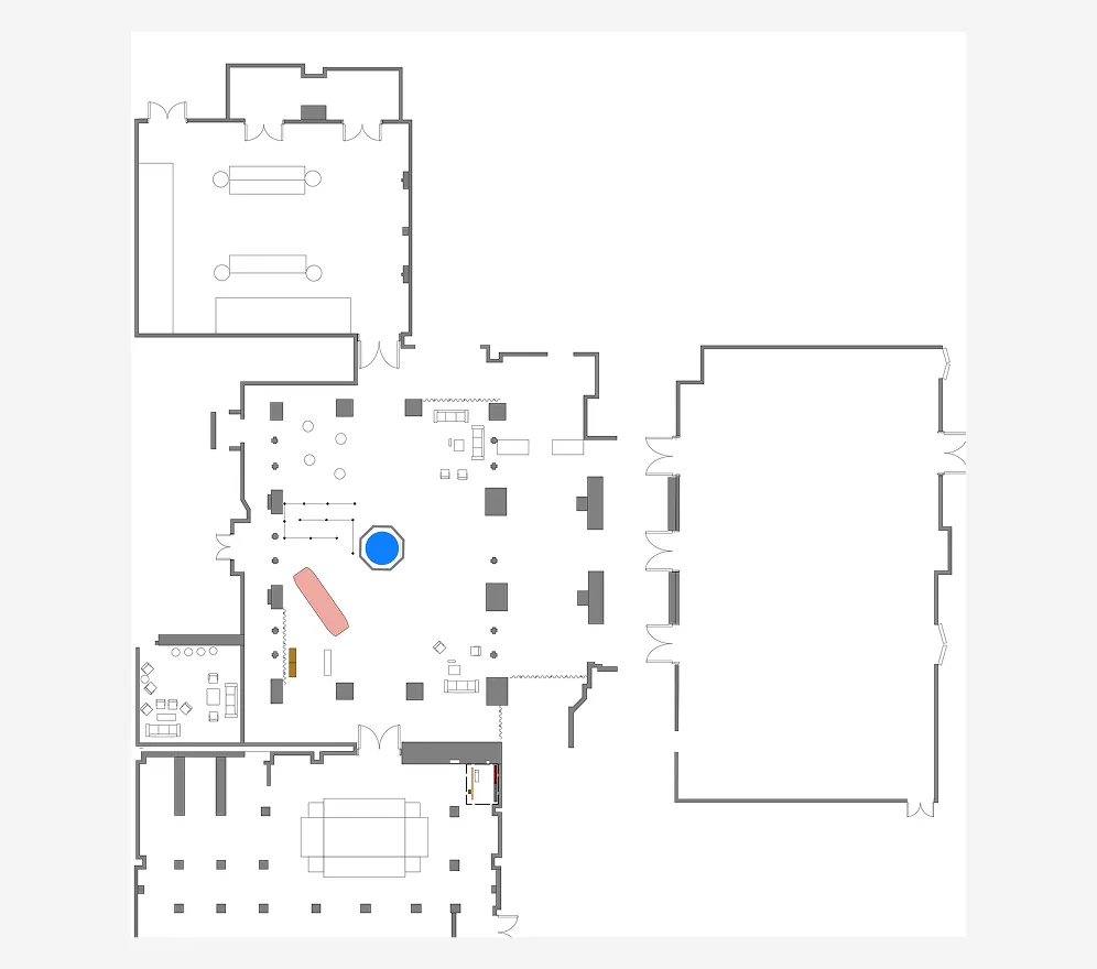 Floor plan concept for an immersive event space inspired by music, movement, and augmented reality. The design features a central experiential zone organized around dynamic, angular pathways and illuminated linear elements that guide circulation like stage lighting.