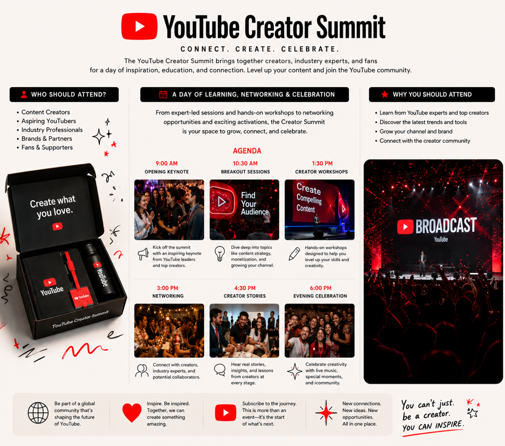A YouTube Creator Summit featuring a full-day agenda of keynotes, workshops, networking sessions, creator stories, and celebration events. The layout highlights opportunities for creators, aspiring YouTubers, industry professionals, brands, and fans to learn from experts, connect with the creator community, discover new tools, and grow their channels through education, collaboration, and inspiration.